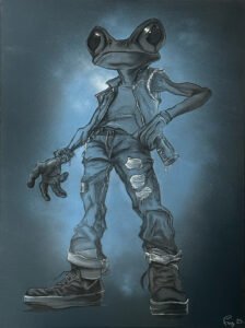 Personnage anthropomorphique mi homme mi grenouille dans un style punk